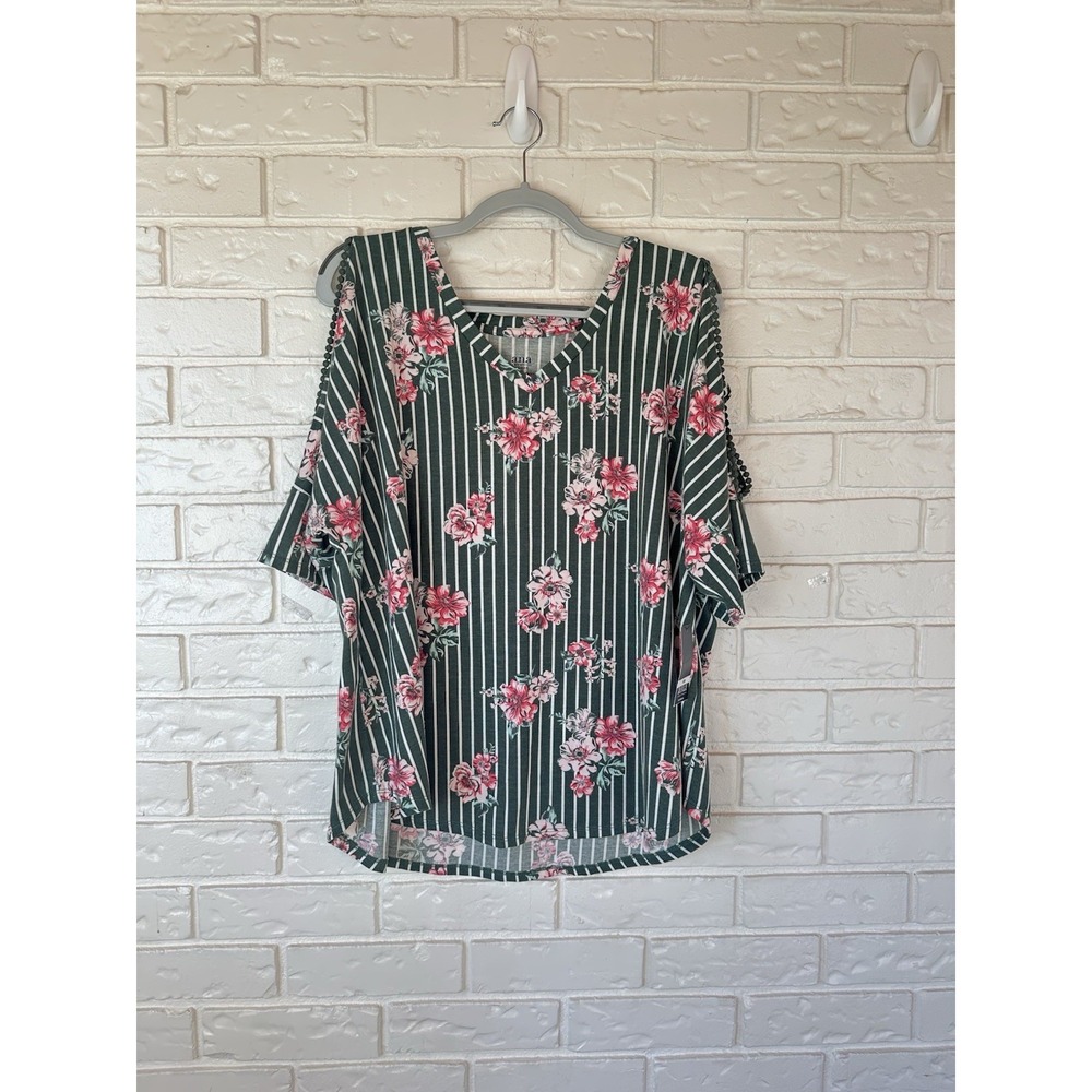 A.N.A. Women's Tribeca Tank Blouse Slit Sleeve Green Pink White Floral Size 1X